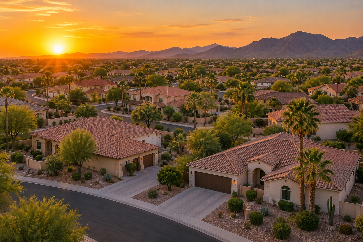 A Glendale, Arizona desert neighborhood at golden hour, illustrative