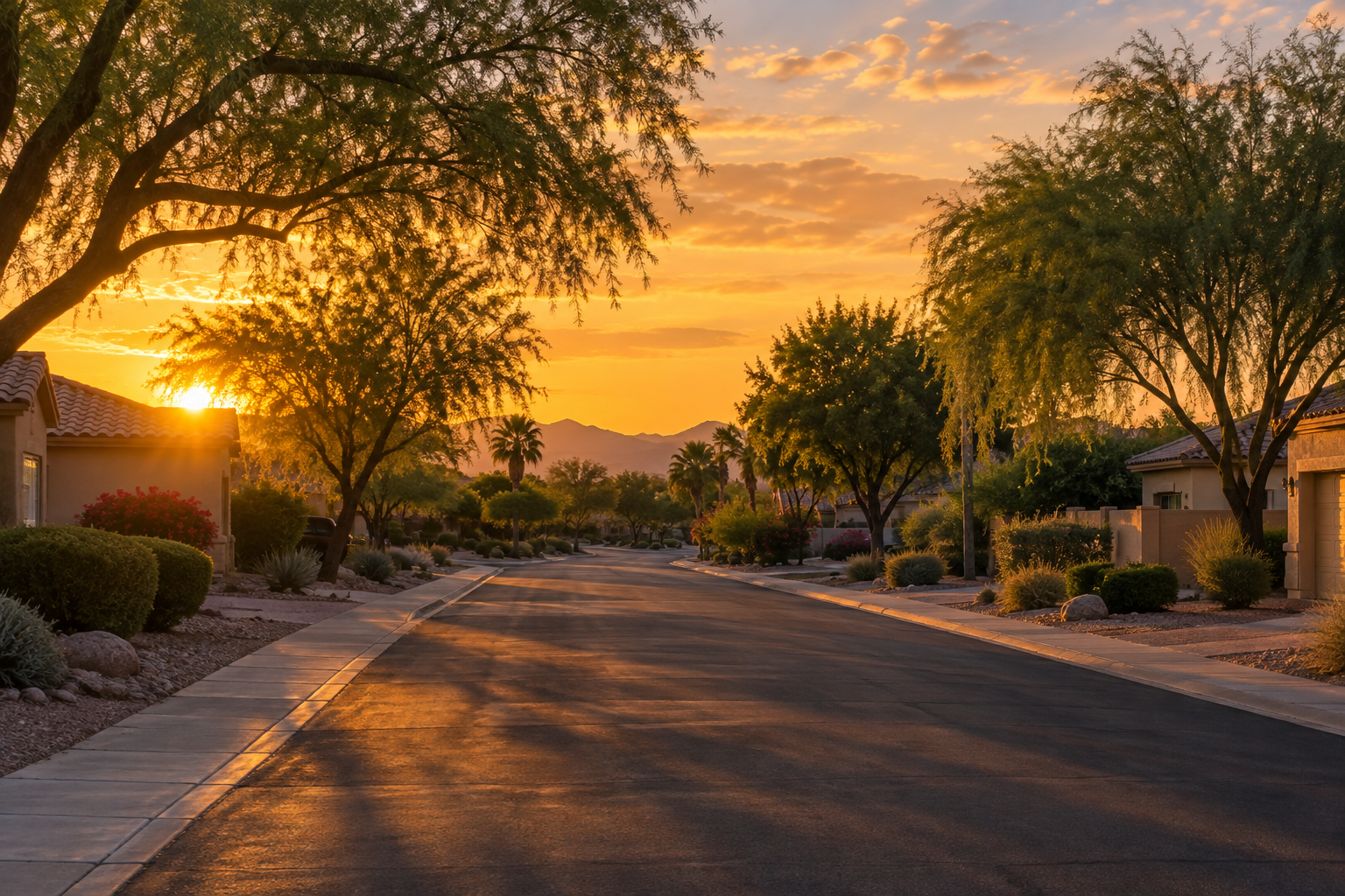 A tree lined West Valley street at sunset, illustrative