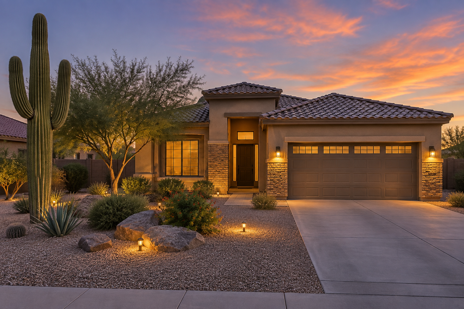 A West Valley single family home exterior at dusk, illustrative